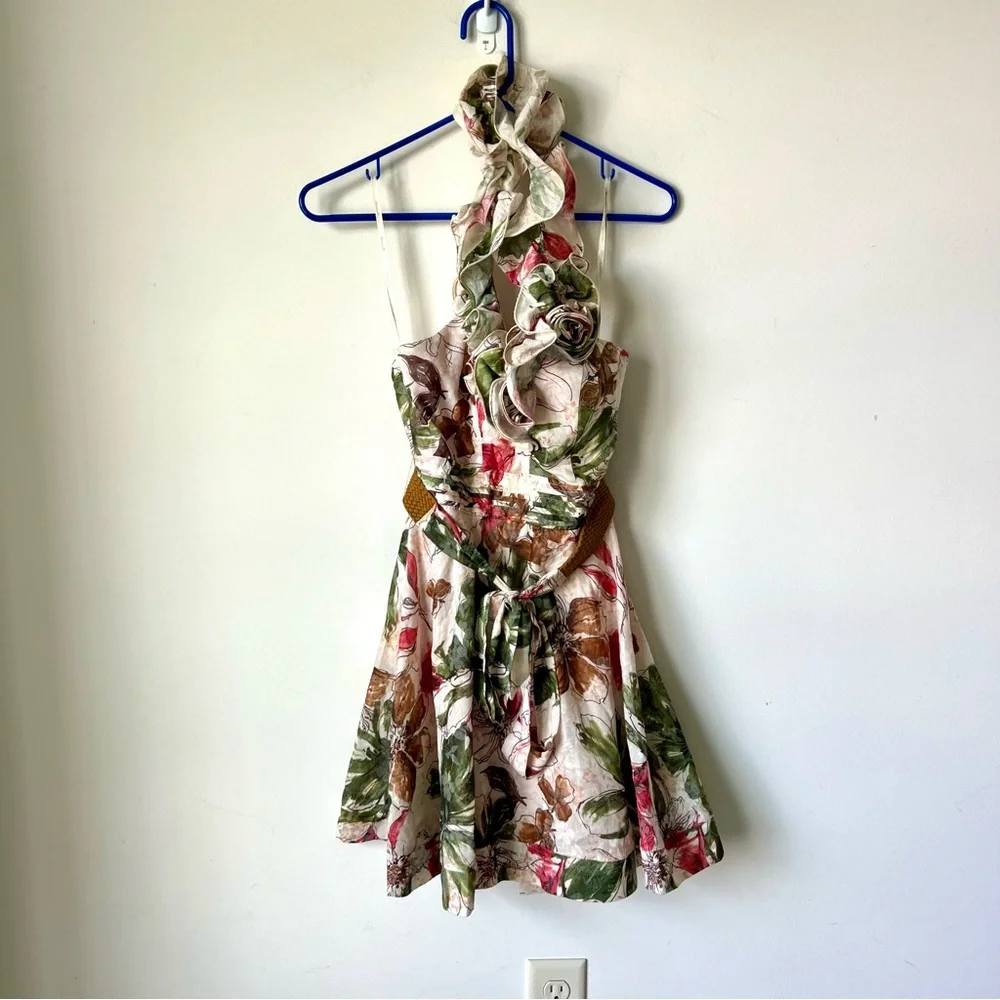 MARINEBLU Belted Floral Ruffle Halter Dress—SZ. Small - Picture 14 of 15